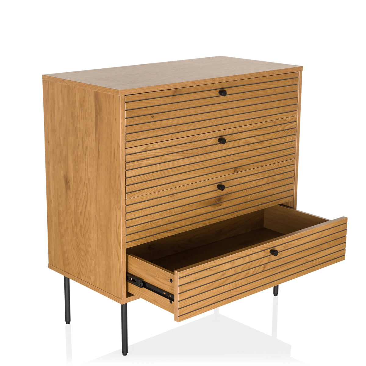 Chest of drawers LINNO K in oak with four drawers, one open drawer and black legs by hjh LIVING