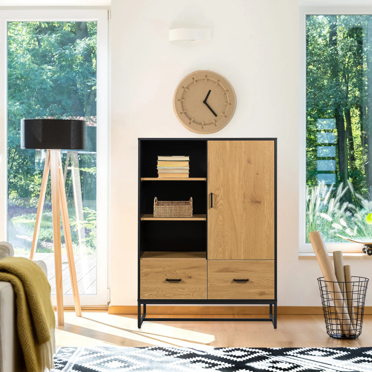 Office cabinet AMIO H in black and oak with open shelving and closed cabinet doors by hjh LIVING