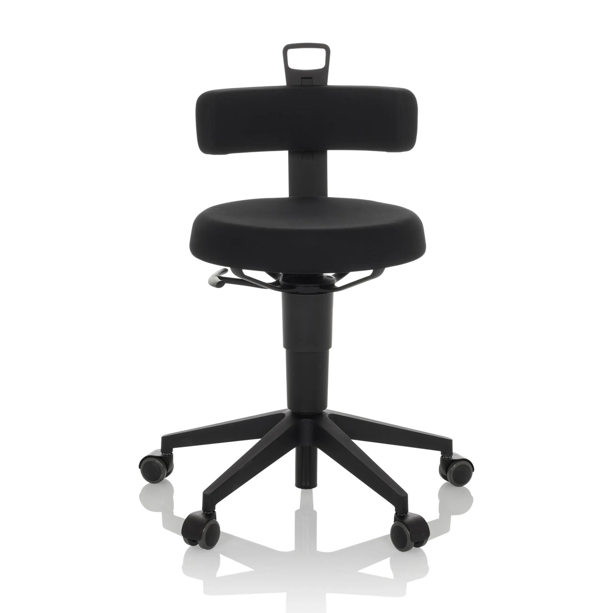 Black Swivel stool TOP WORK FLEX with backrest, handle and five-caster base by hjh OFFICE – 360-degree view (front view 0°)
