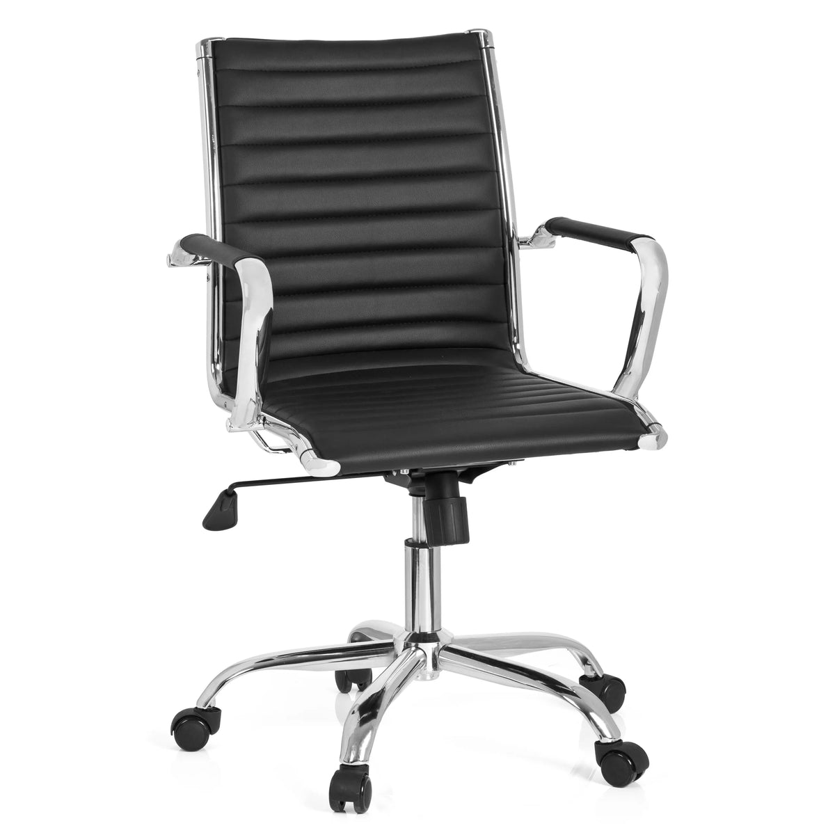 Black Professional Executive Chair VEMONA 10 with horizontal quilting and five-caster base by hjh OFFICE – 360-degree view (front view 20°)