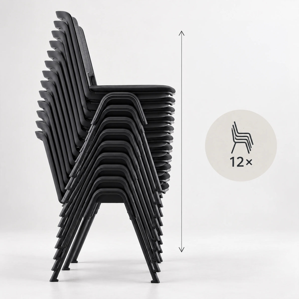 Four black MEET WA guest chairs at a white conference table in a modern office by hjh OFFICE