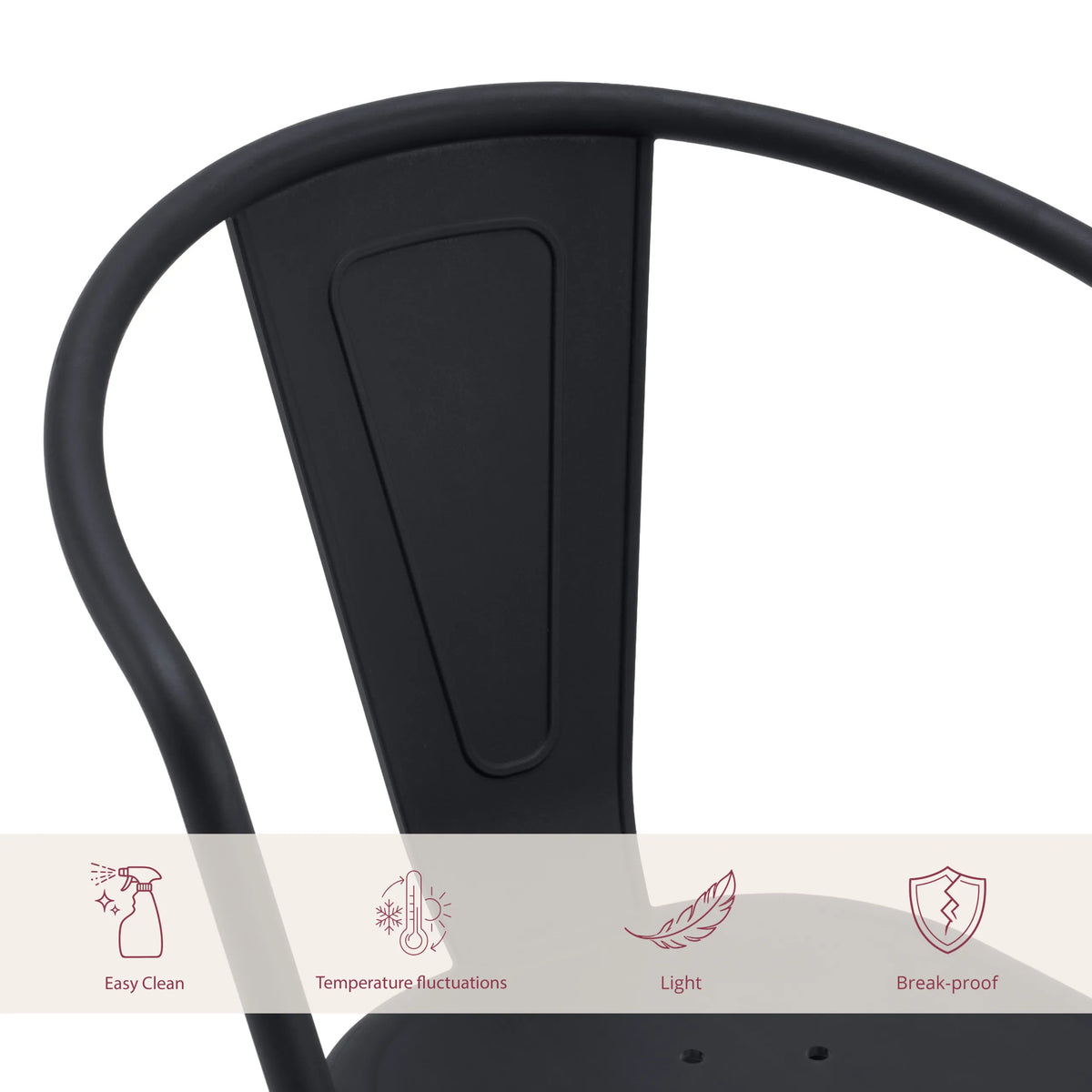 Backrest of the Vantaggio Poly bistro chair in black with symbols for care and material properties by hjh OFFICE