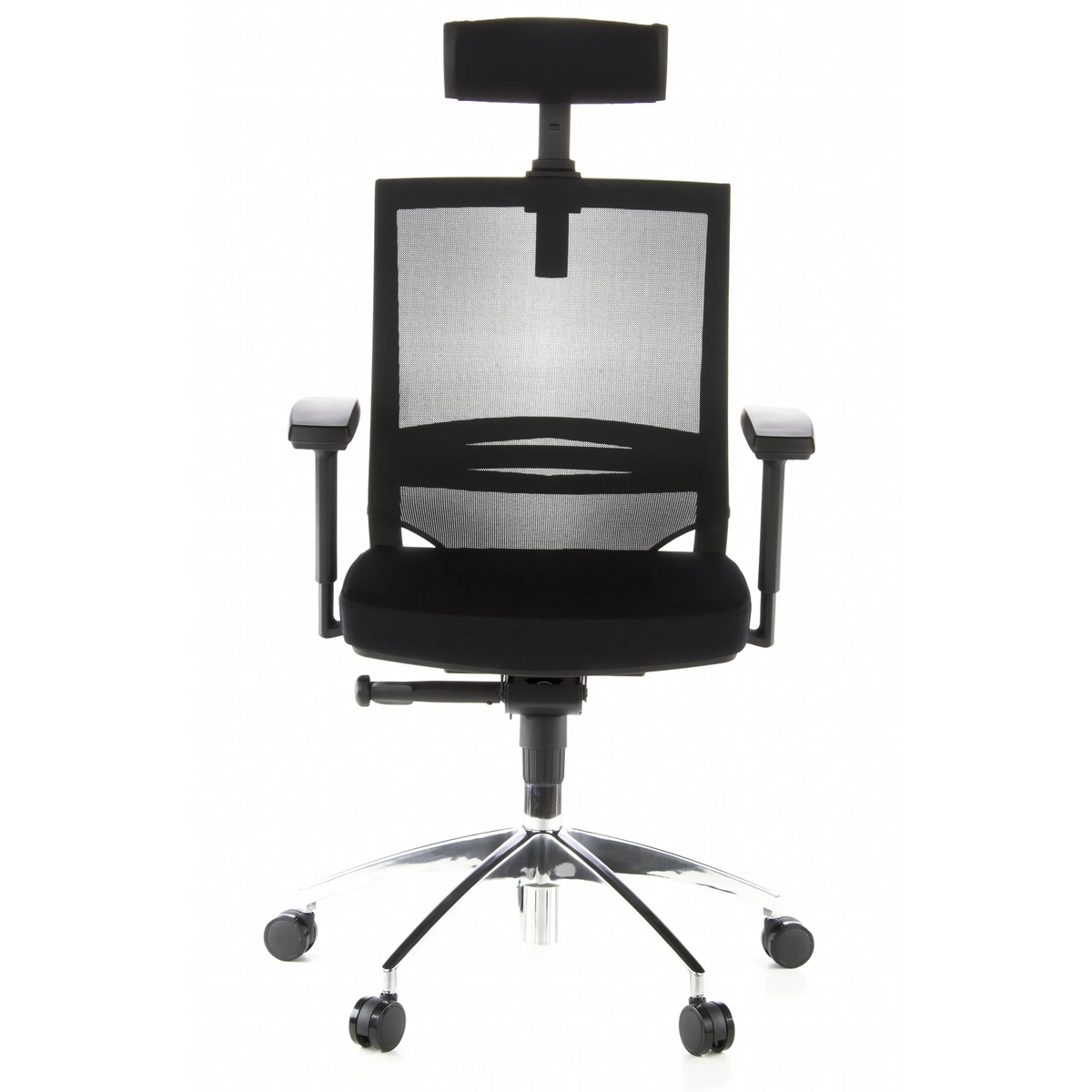 Black Professional Office Chair PORTO MAX with mesh back, headrest and five-caster base by hjh OFFICE – 360-degree view (front view 0°)