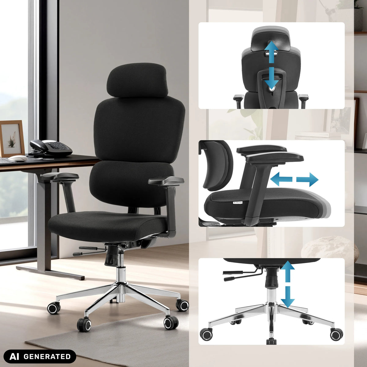 Height-adjustable headrest, armrests and gas spring of the professional office chair Ergomy F 2 by hjh OFFICE (AI-generated image)