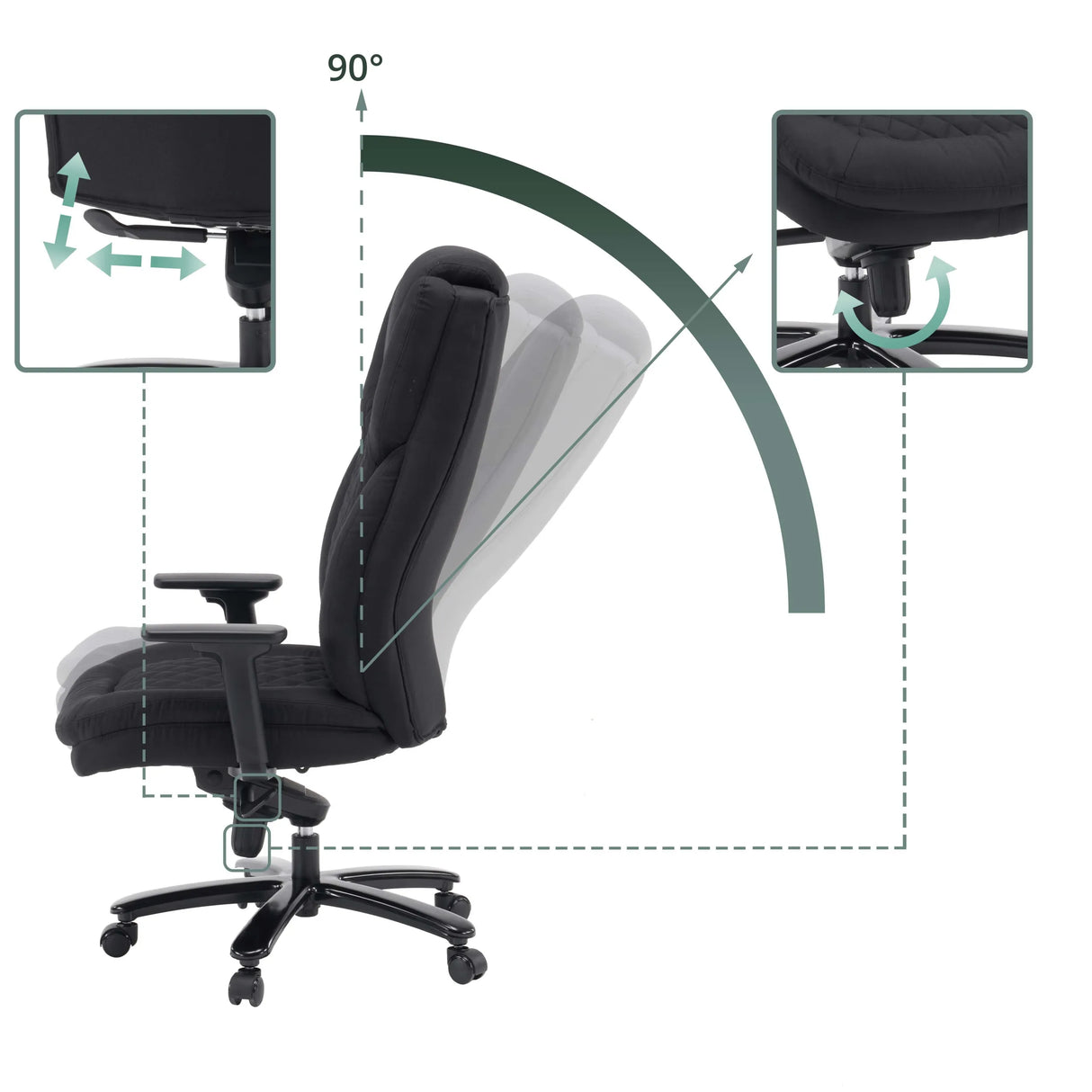 Adjustment mechanisms and 90 degree backrest tilt of the XXL Pullmann Gen2 swivel chair by hjh OFFICE
