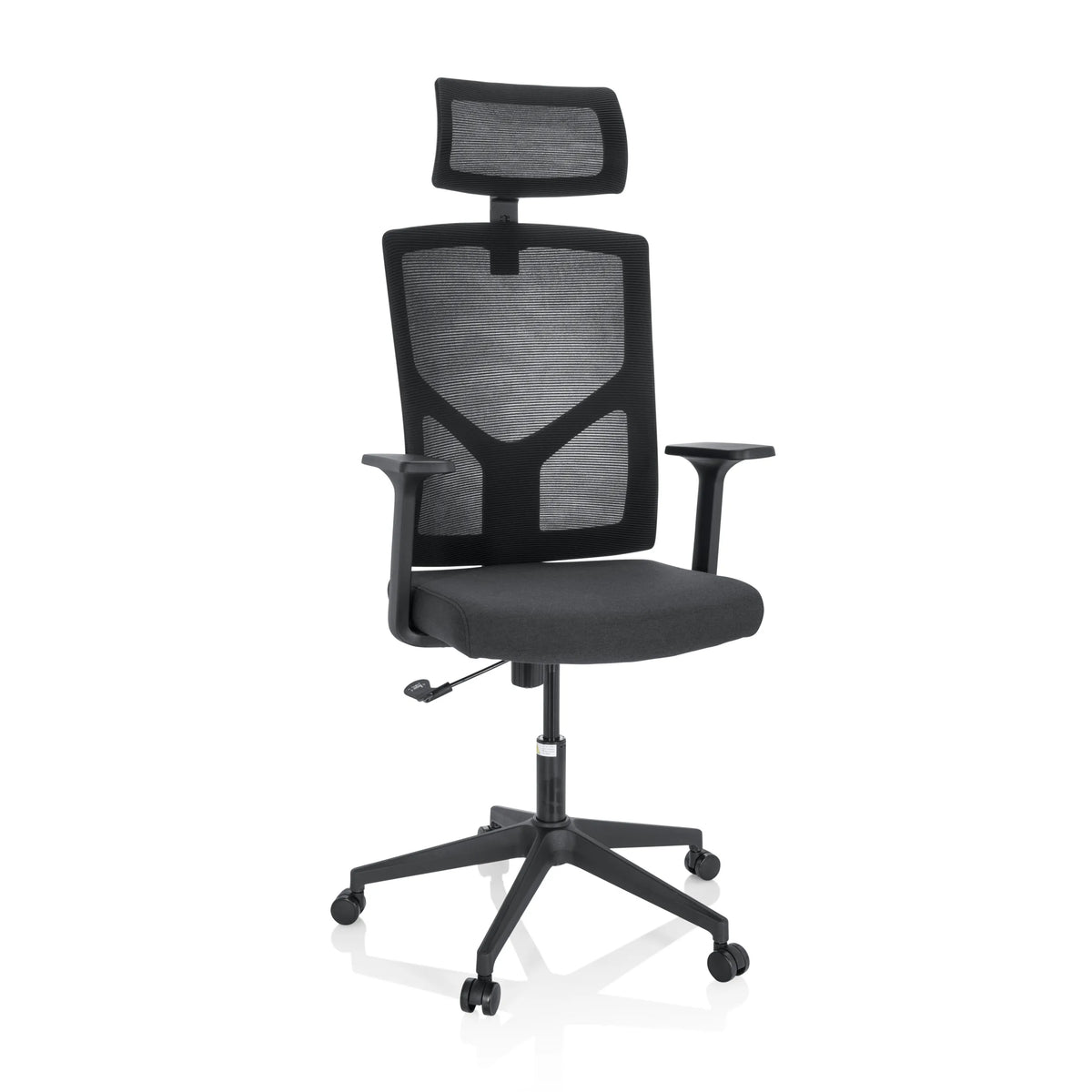 Black Home Office Chair BRETON B with mesh back, headrest and five-caster base by hjh OFFICE – 360-degree view (front view 20°)
