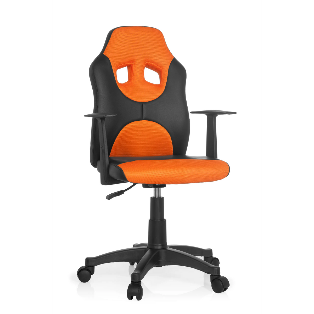 Black and orange Swivel Chair – Children KID GAME AL with mesh back and five-caster base by hjh OFFICE – 360-degree view (front view 20°)