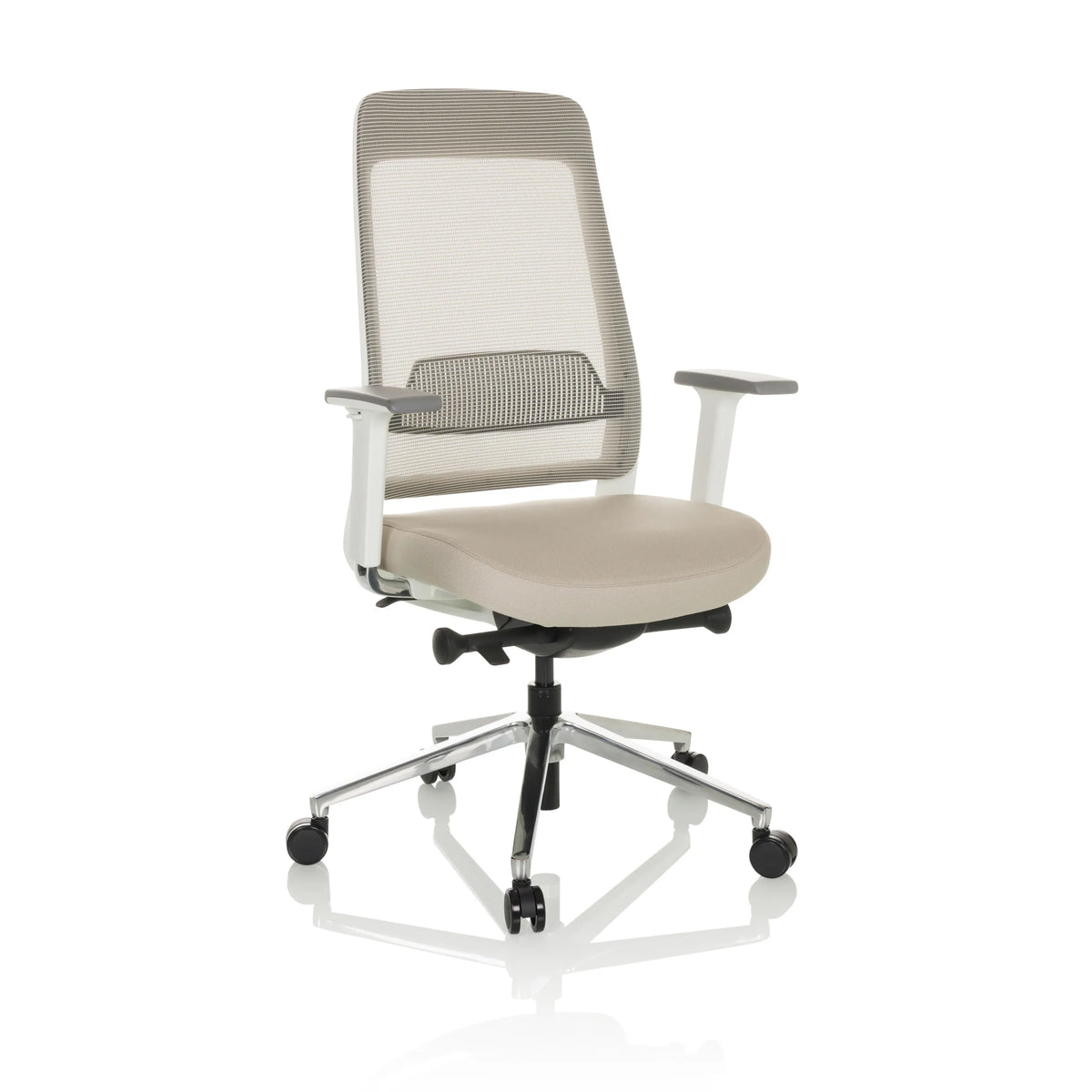 Beige Professional Office Chair CHIARO T2 WHITE with mesh back and silver five-caster base by hjh OFFICE – 360-degree view (front three-quarter view 30°)
