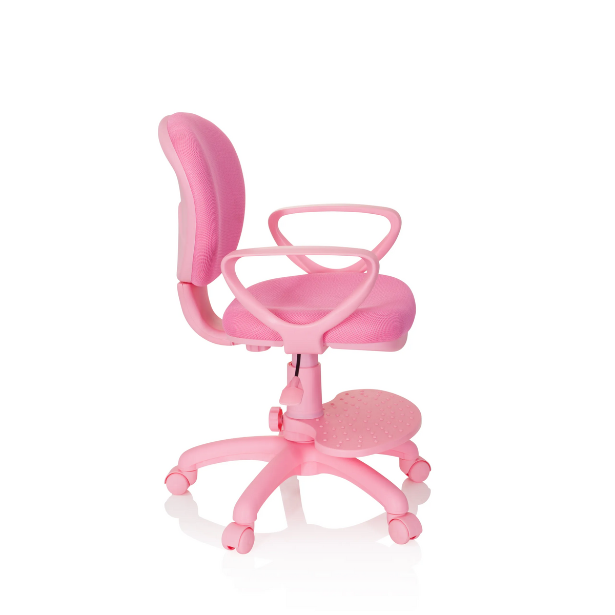Pink Swivel Chair – Children KID COLOUR with armrests and five-caster base by hjh OFFICE – 360-degree view (side profile 80°)