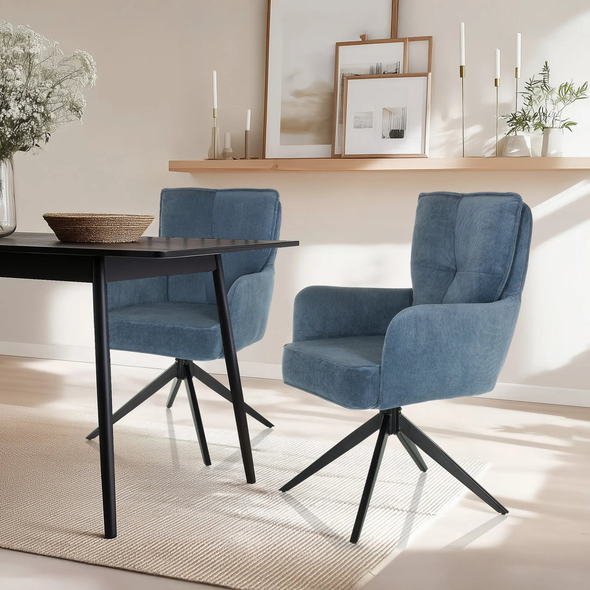 Two blue TARUGO upholstered chairs with corduroy cover and black star base by hjh LIVING