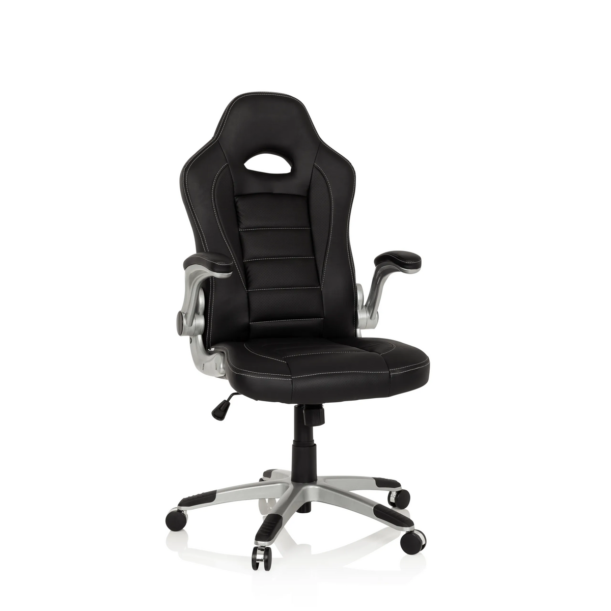 Black Gaming chair GAME SPORT with headrest, armrests and silver five-caster base by hjh OFFICE – 360-degree view (front view 10°)