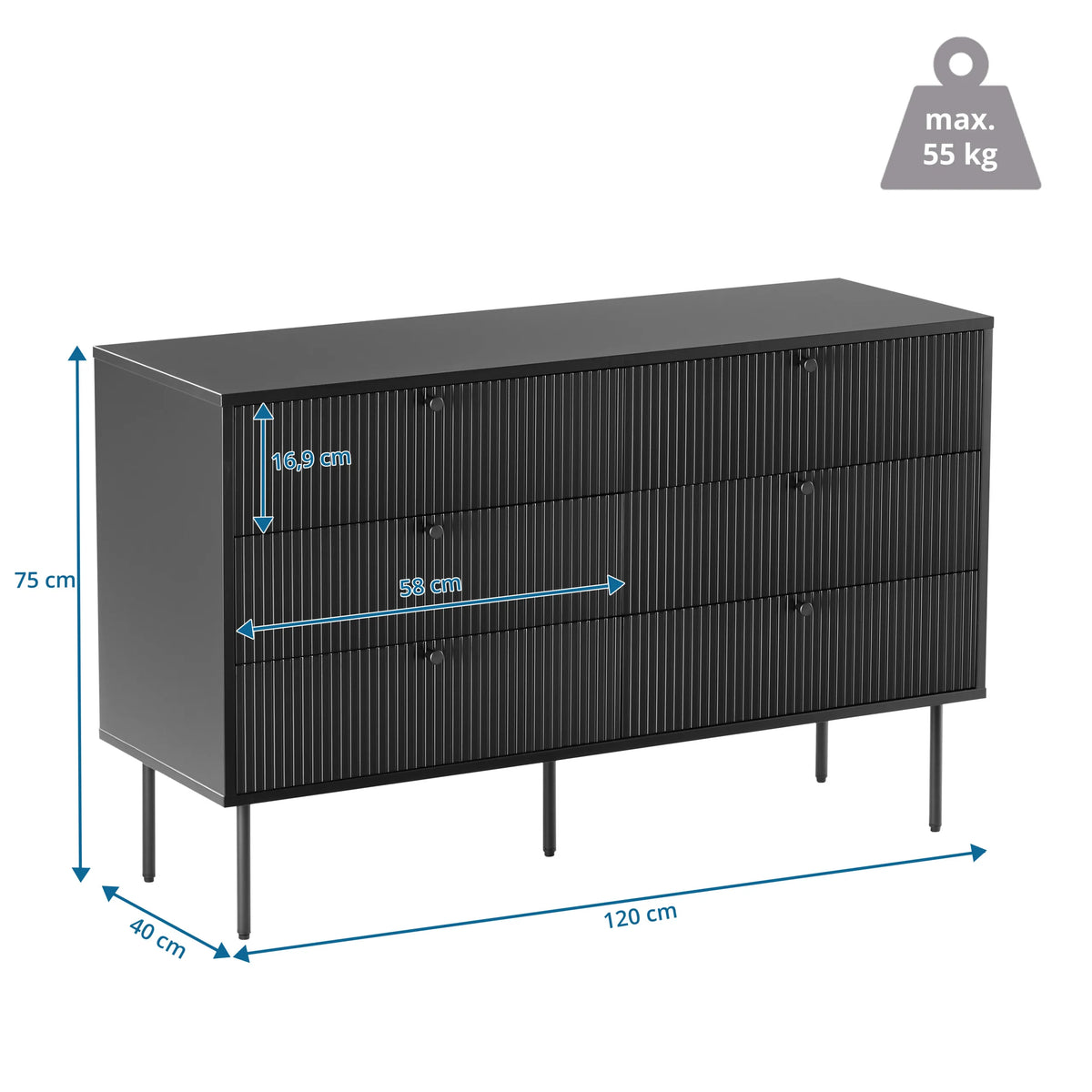 Dimensional drawing of the Sideboard KARBY S with 120 × 40 cm by hjh LIVING