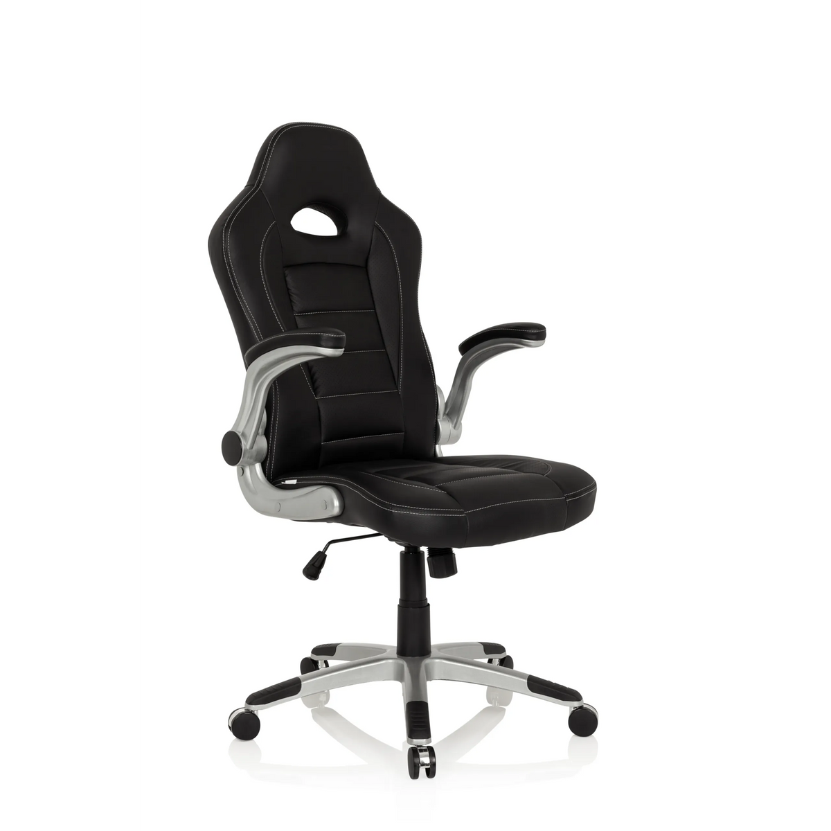 Black Gaming chair GAME SPORT with headrest, armrests and silver five-caster base by hjh OFFICE – 360-degree view (front view 20°)