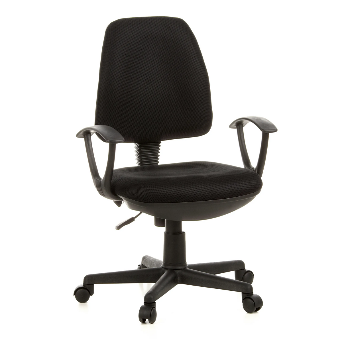 Black Home Office Chair CITY 10 with mesh back, armrests and five-caster base by hjh OFFICE – 360-degree view (front view 20°)