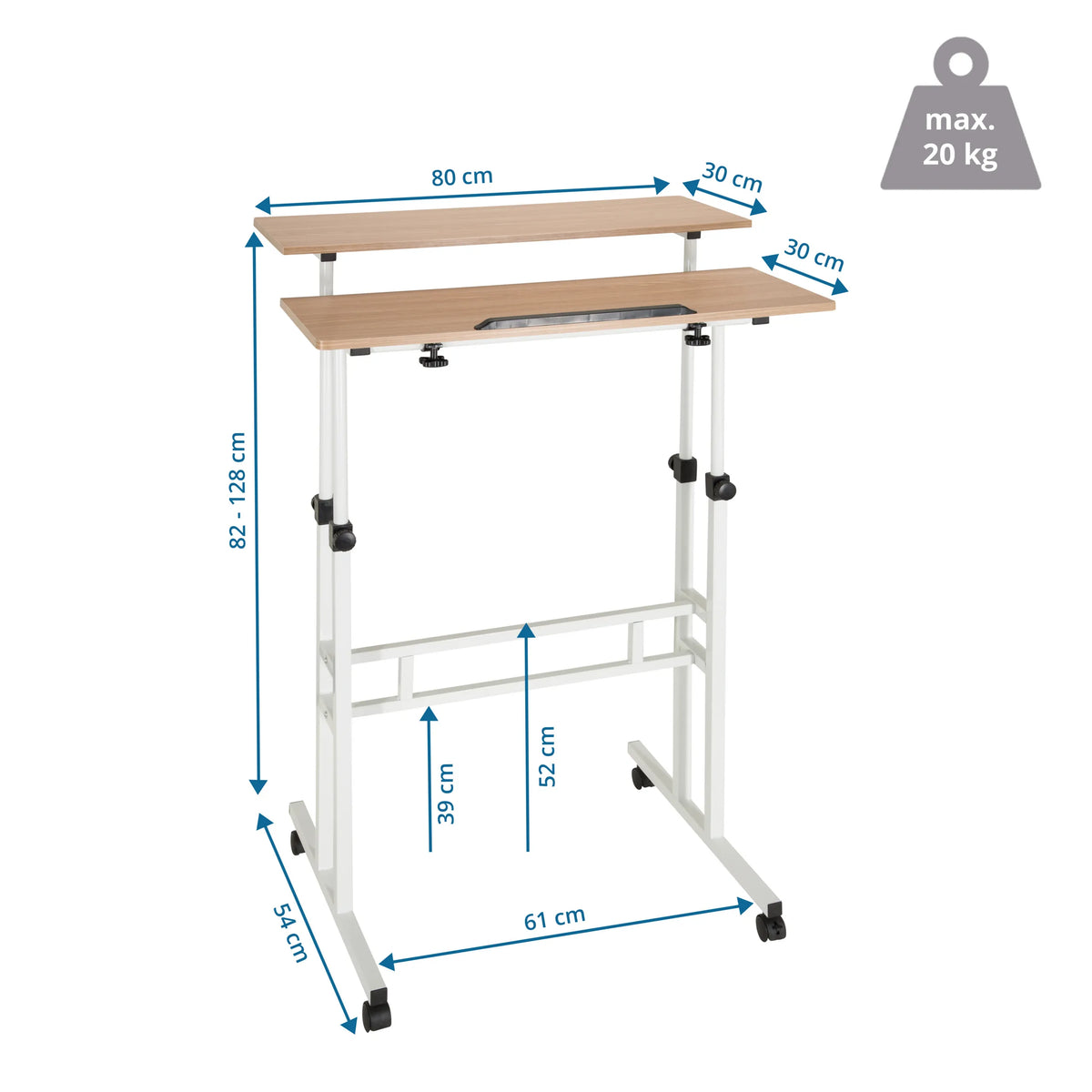 Dimensional drawing of the Standing desk WORKSTATION I, 80 × 61 cm, load capacity of 20 kg, by hjh OFFICE