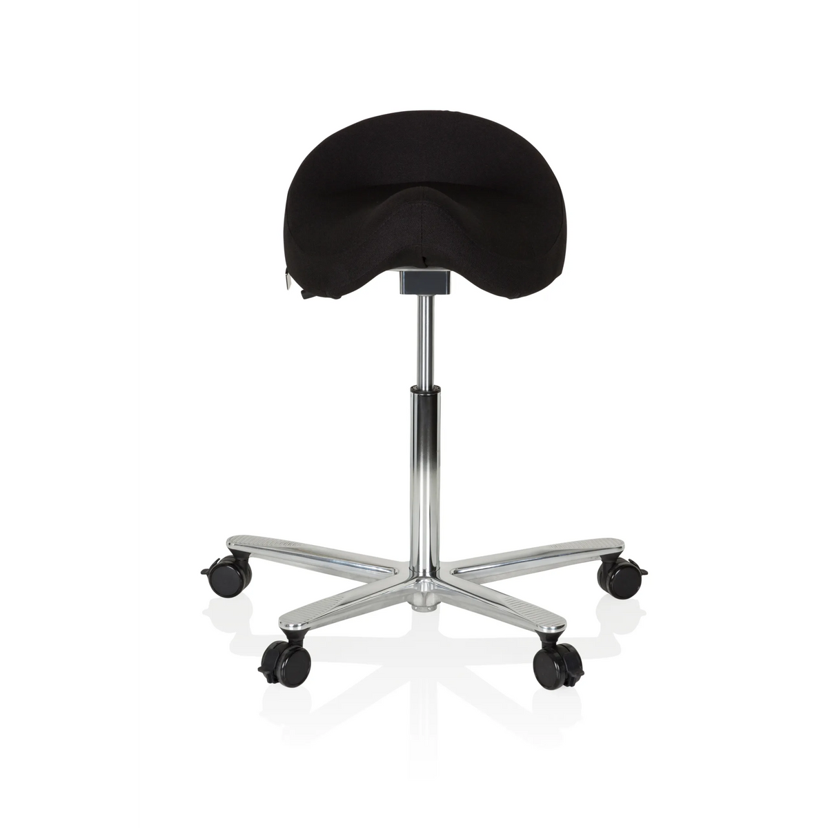 Black Saddle stool MOVE-TEC 3D PRO I with a five-caster star base by hjh OFFICE – 360-degree view (front view 0°)