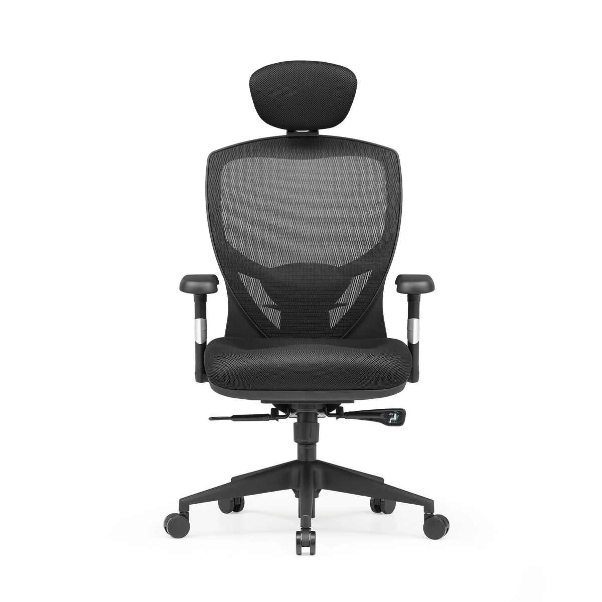 Black High End Office Chair VENUS BASE with mesh back, headrest and five-caster base by hjh OFFICE – 360-degree view (front view 0°)