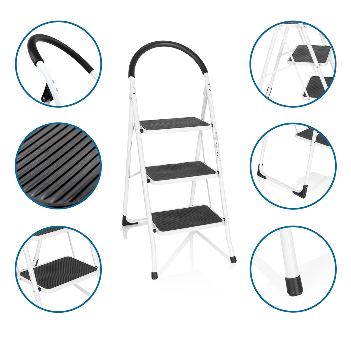 Three-step Folding Ladder SOLID W2 in white with non-slip steps and handle by hjh OFFICE