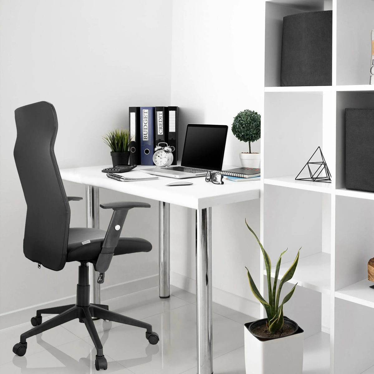 Black Home Office Chair ARTON 30 with armrests and castors at a white desk by hjh OFFICE