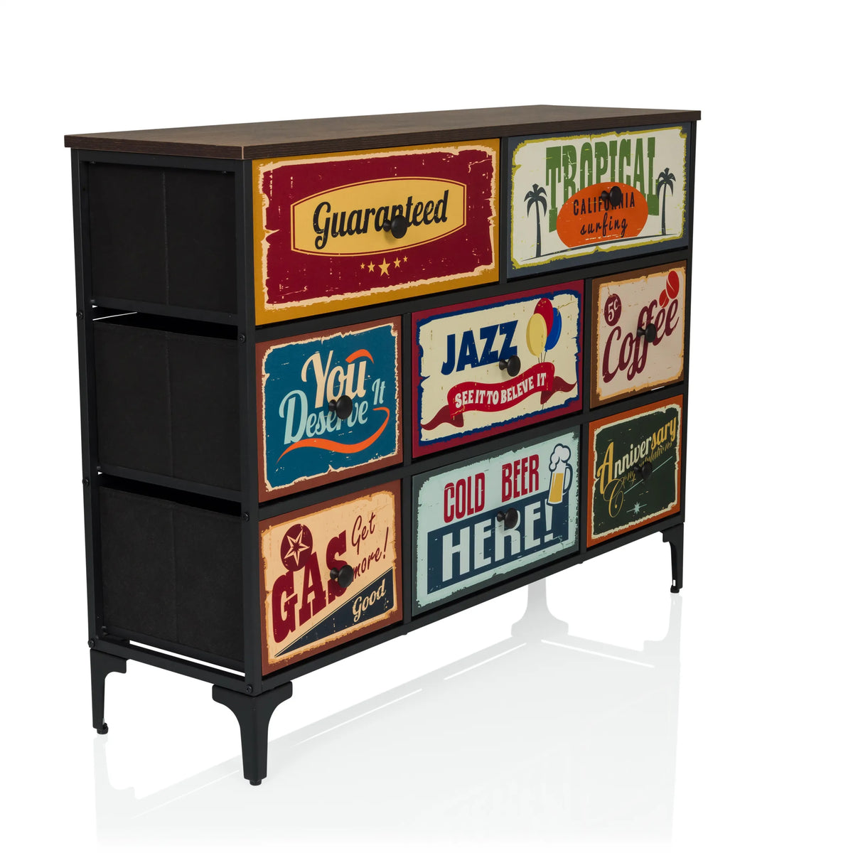 Chest of drawers AMERIKO B with six colourful vintage printed drawers and black legs by hjh LIVING – 360-degree view (front three-quarter view 45°)