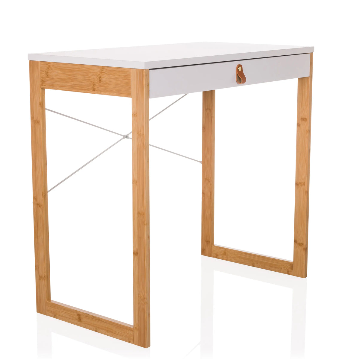 White Office Desk TAROLO II with one drawer, brown leather handle and wooden legs by hjh LIVING – 360-degree view (front three-quarter view 45°)