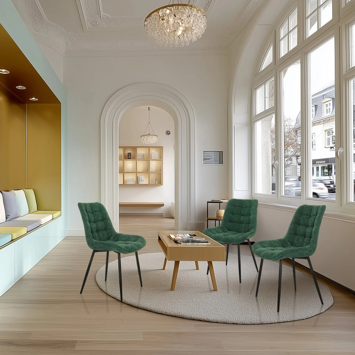 Three petrol-coloured dining chairs ELARIS with quilted upholstery and black legs by hjh LIVING