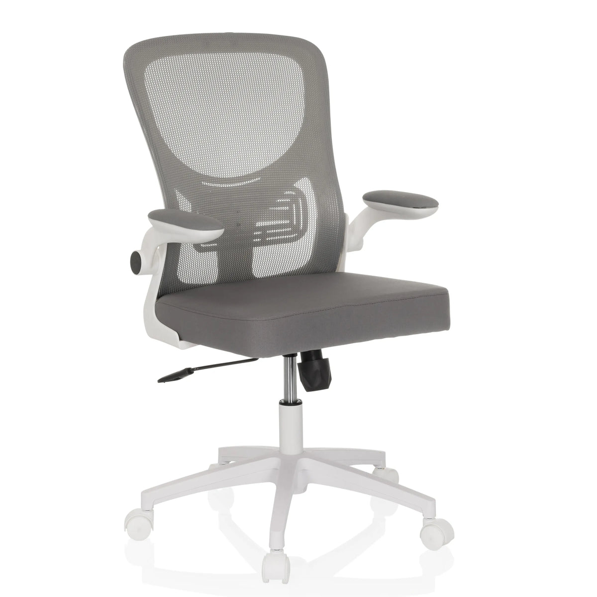 Grey Home Office Chair BELIO W with mesh back and white five-caster base by hjh OFFICE – 360-degree view (front three-quarter view 30°)