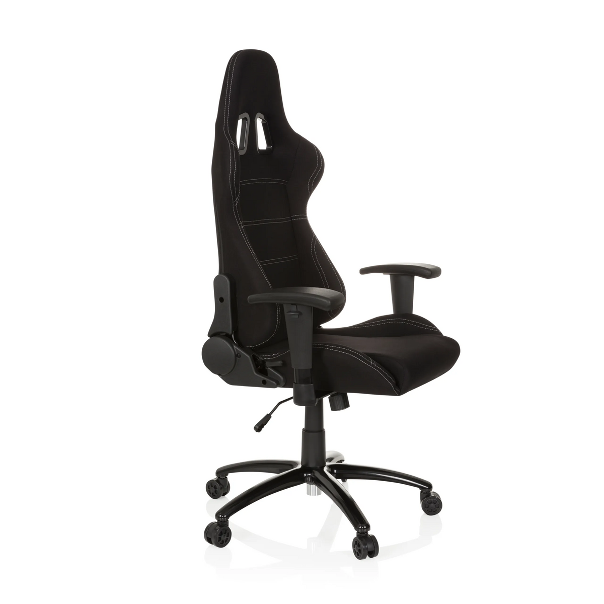 Black Gaming chair GAME FORCE with headrest, armrests and five-caster base by hjh OFFICE – 360-degree view (front three-quarter view 60°)
