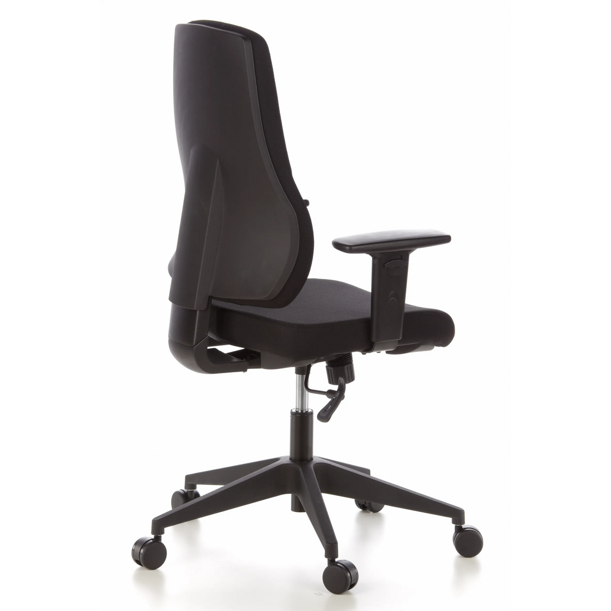 Black Professional Office Chair PRO-TEC 100 with armrests and five-caster base by hjh OFFICE – 360-degree view (rear three-quarter view 120°)