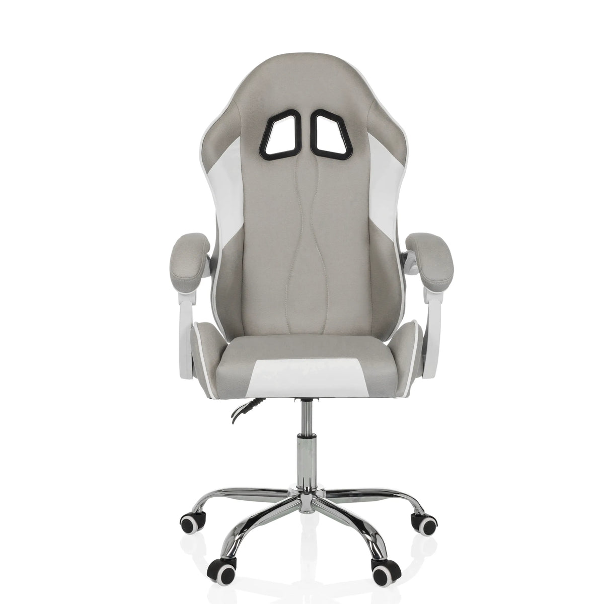 Grey and white Gaming chair GAMEBREAKER W03 with two headrest openings and a five-caster base by MyBuero – 360-degree view (front view 0°)