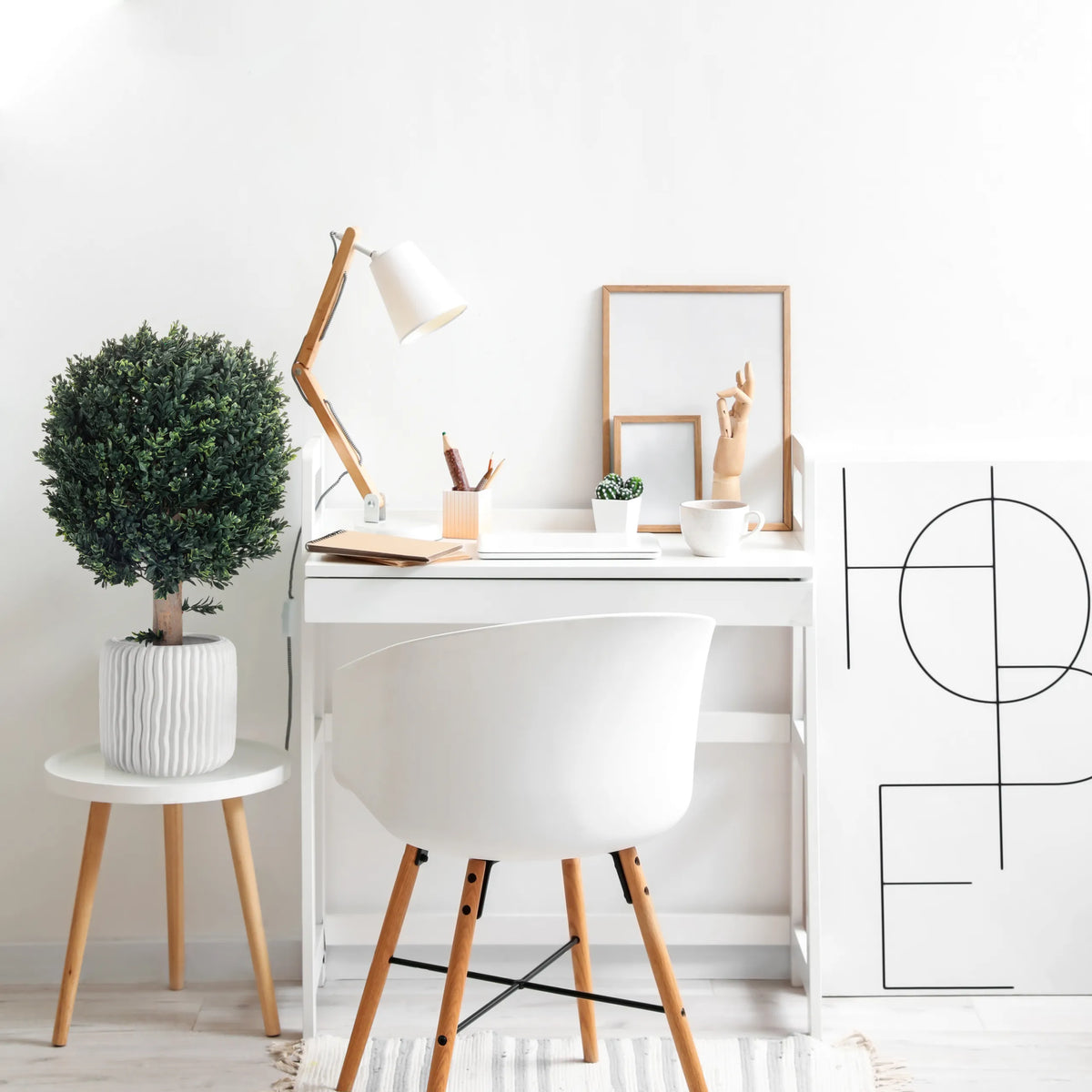Green artificial plant BUXUS in a white, textured outer pot on a side table by hjh OFFICE