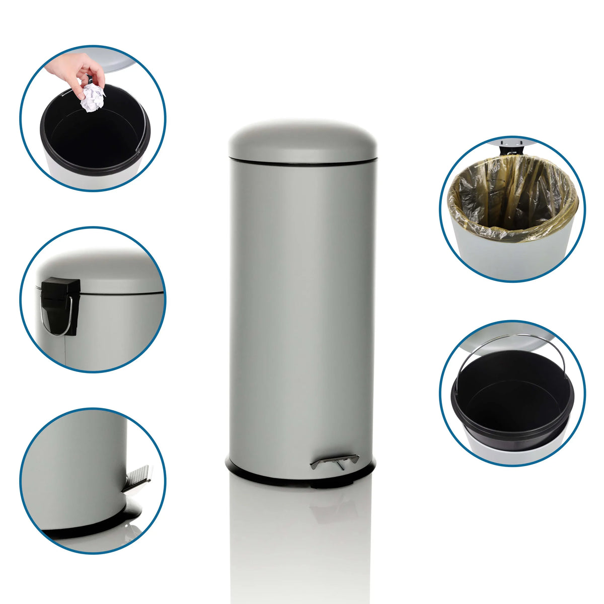 Grey wastepaper CLEAN VIII with foot pedal and removable inner bucket by hjh OFFICE
