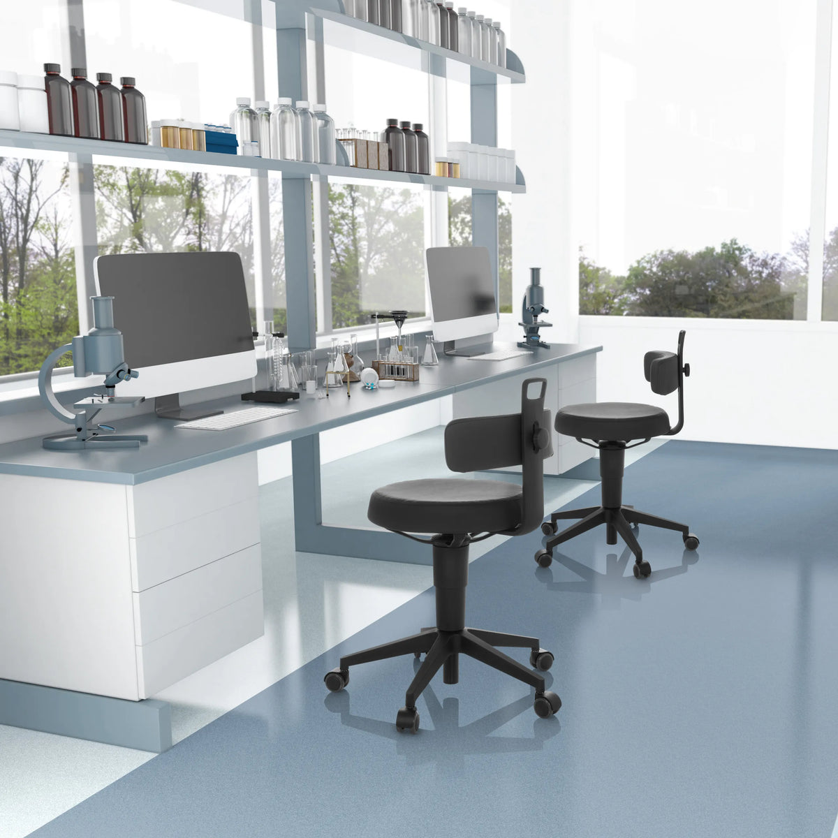 Two black TOP WORK FLEX PU swivel stools with faux leather upholstery and castors at a laboratory table by hjh OFFICE