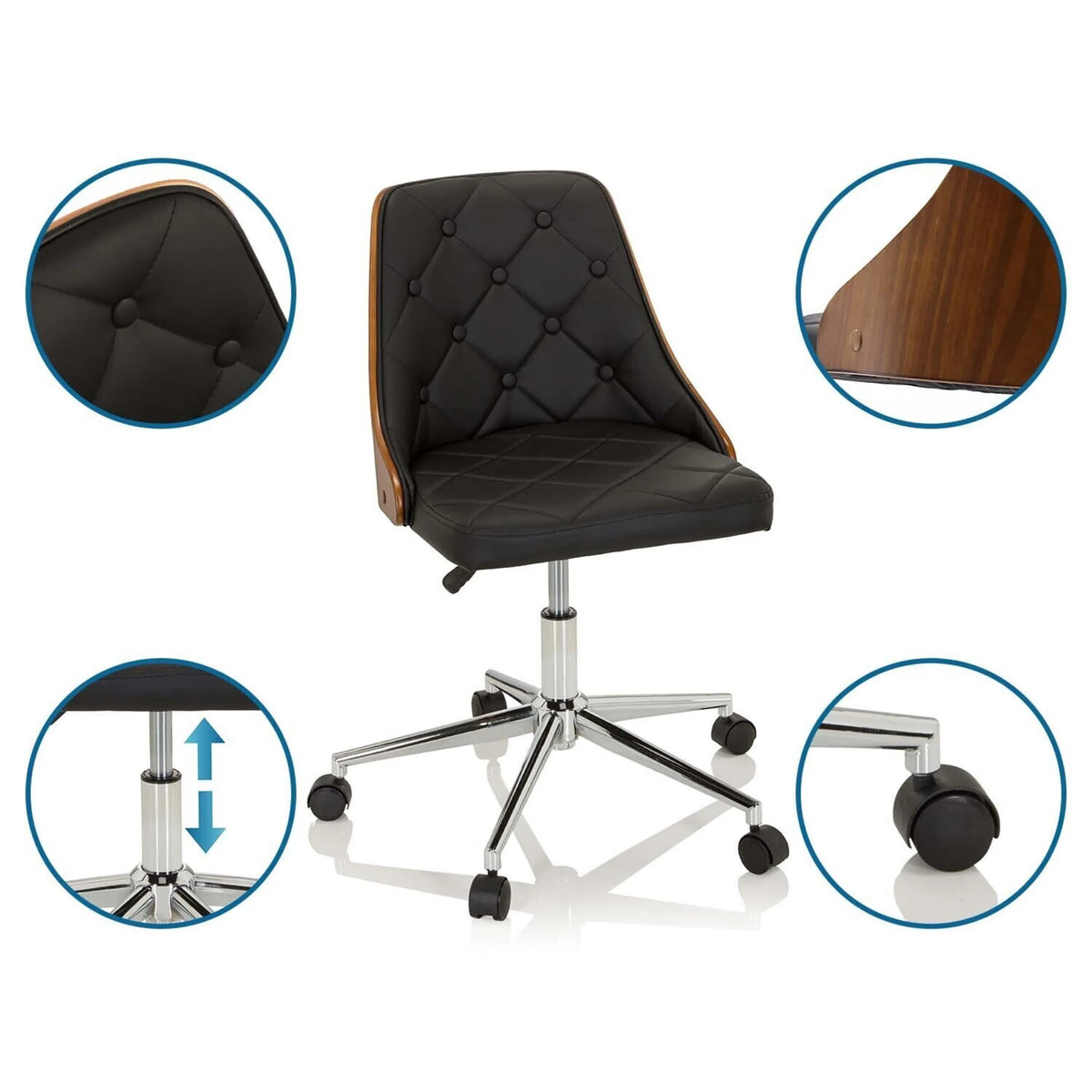 Home Office Chair CENCA in black with button tufting, wooden back and height-adjustable base by hjh OFFICE