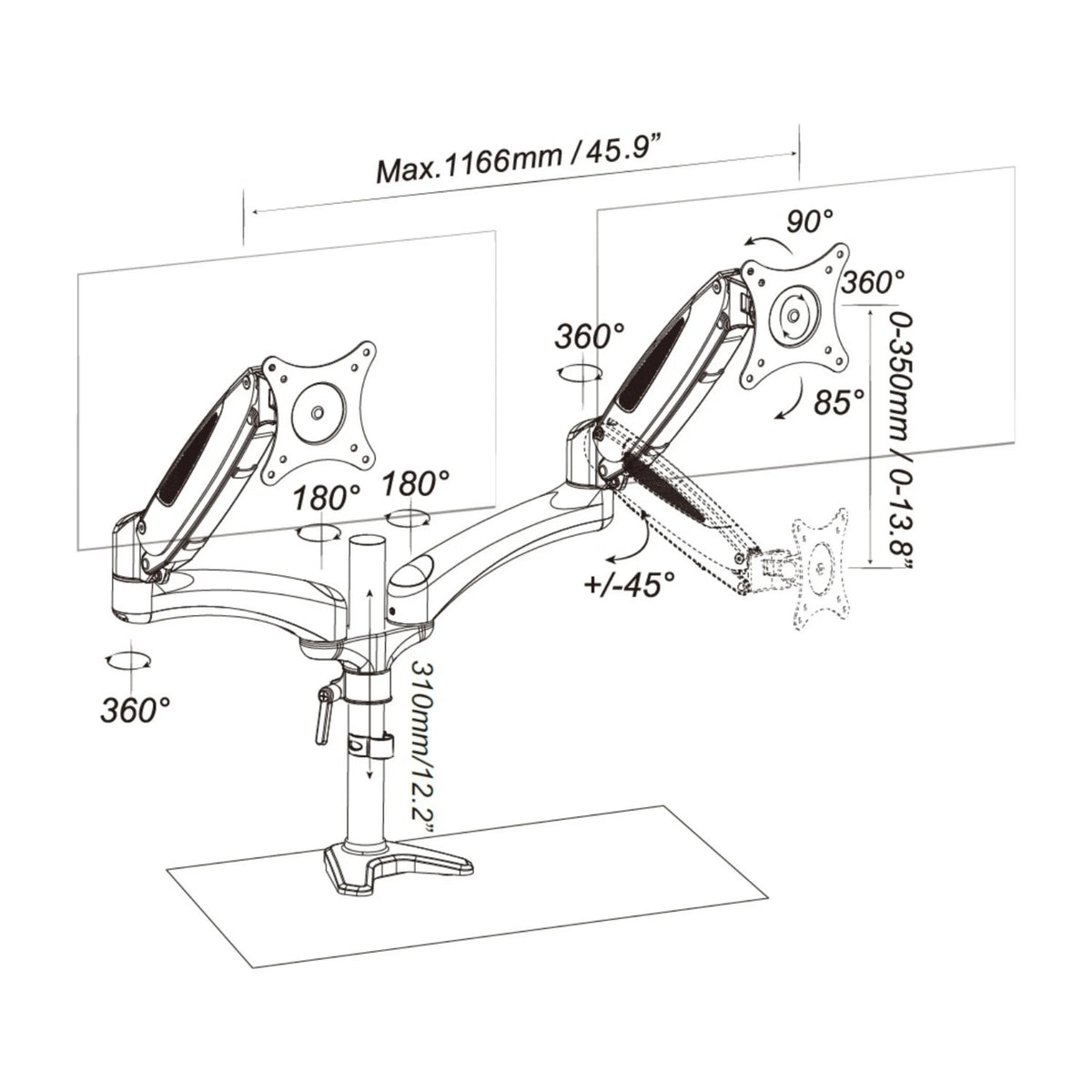 Technical drawing of the Monitor Mount VM-MG2 with a maximum width of 1166 mm by hjh OFFICE