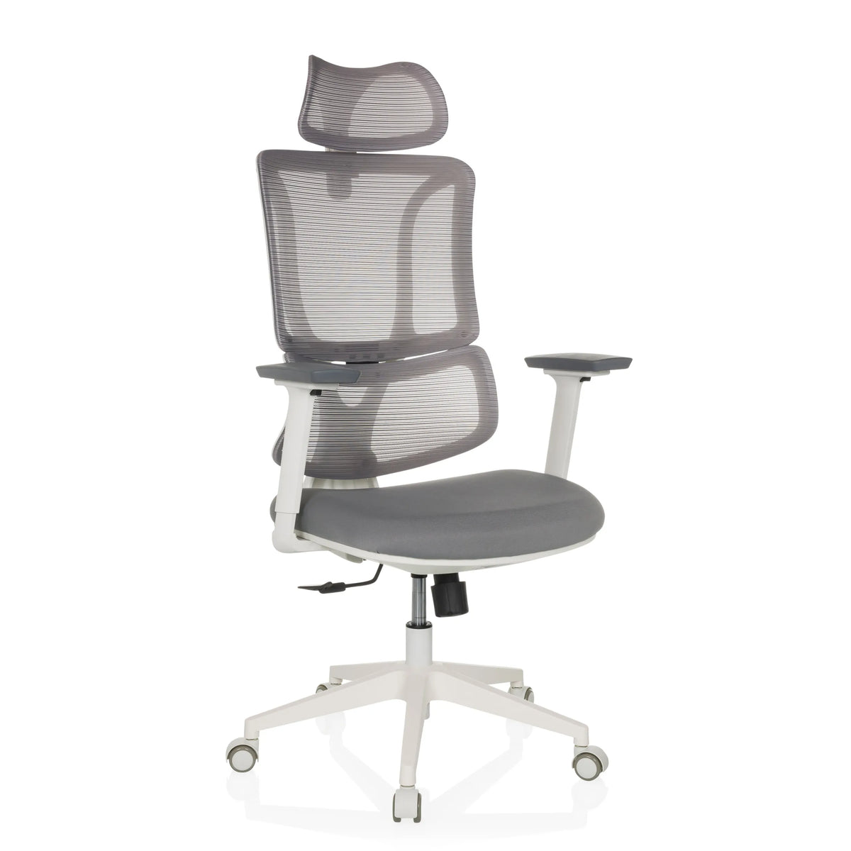 Grey Professional Office Chair ERGOMY W with mesh back and white five-caster base by MyBuero – 360-degree view (front view 15°)