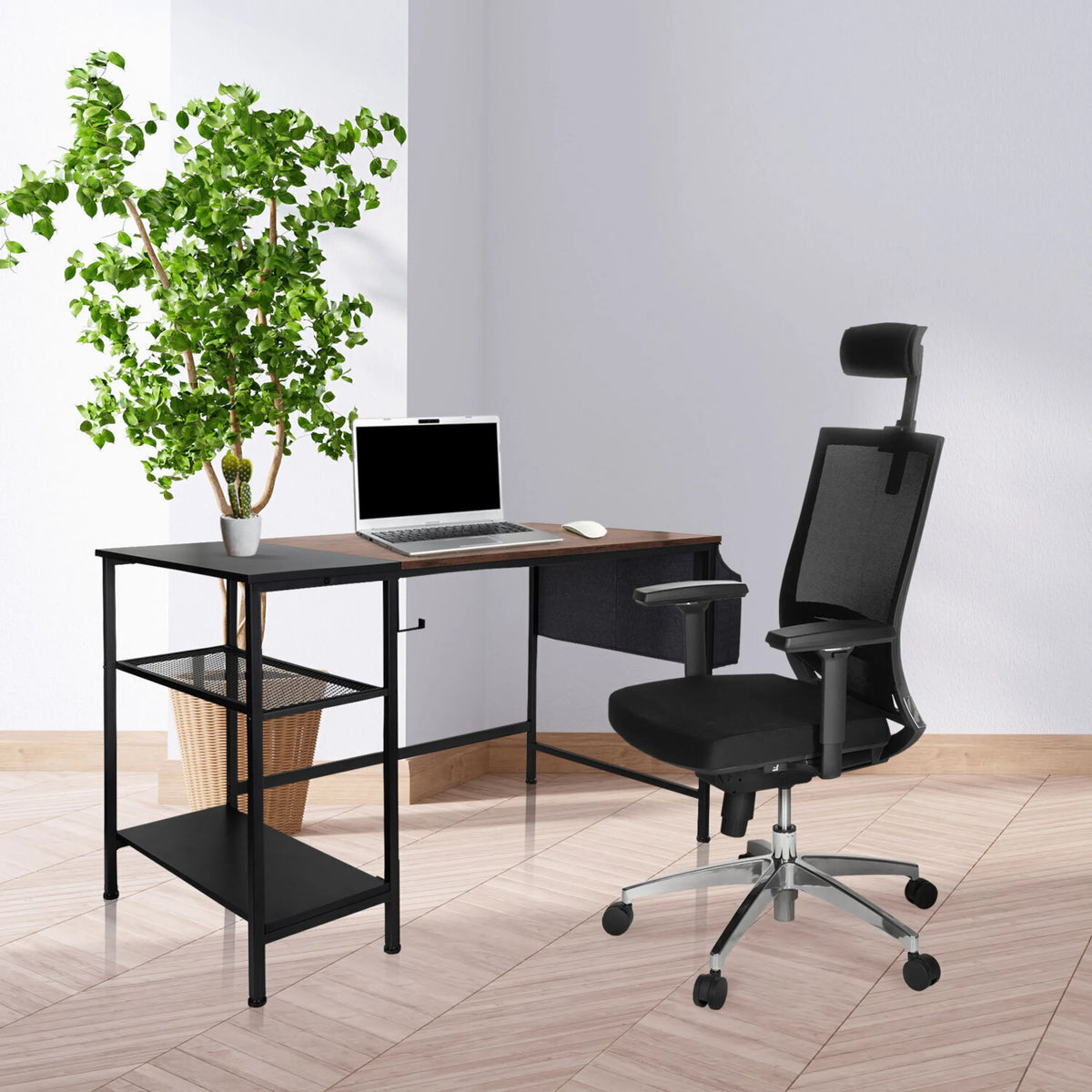 Office Desk WORKSPACE H I in black and brown with two shelves and a black office chair by hjh OFFICE