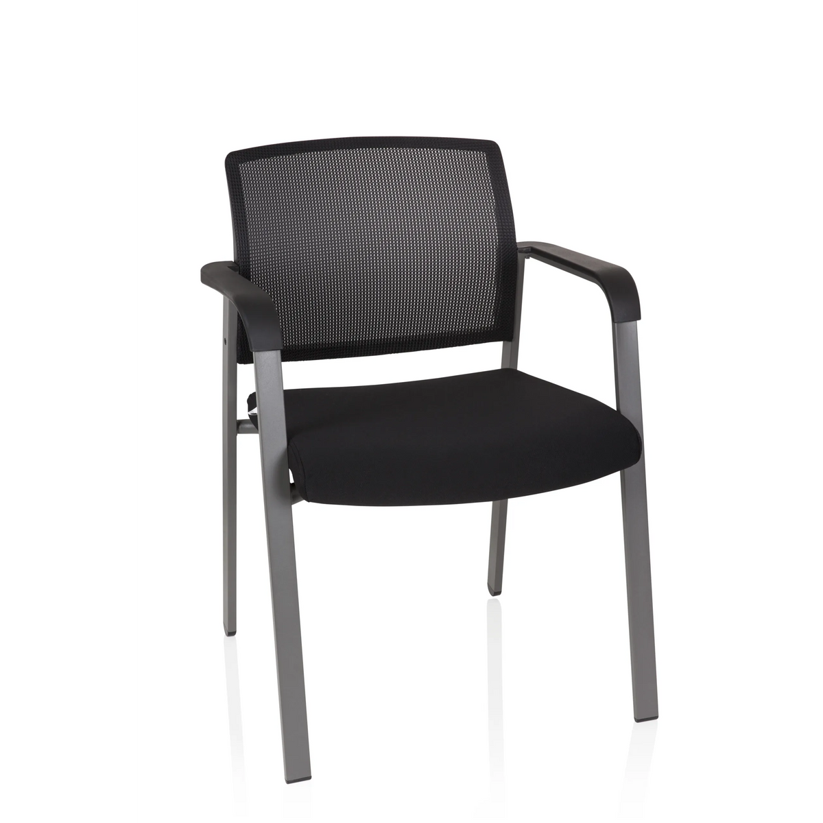 Black Four-legged chair MEET with mesh back and armrests by hjh OFFICE – 360-degree view (front view 20°)