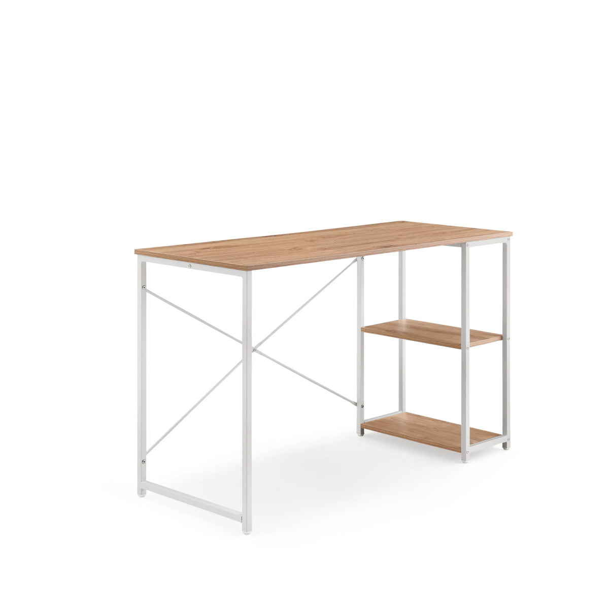 Office Desk Easy Up2 in white and oak with integrated shelf and X-brace by hjh LIVING – 360-degree view (front three-quarter view 45°)