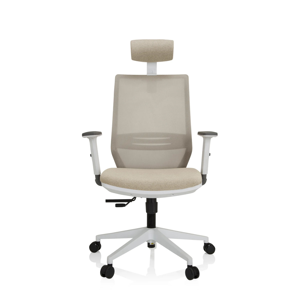 Beige Professional Office Chair PROFONDO PRO W with mesh back, headrest and white five-caster base by hjh OFFICE – 360-degree view (front view 0°)