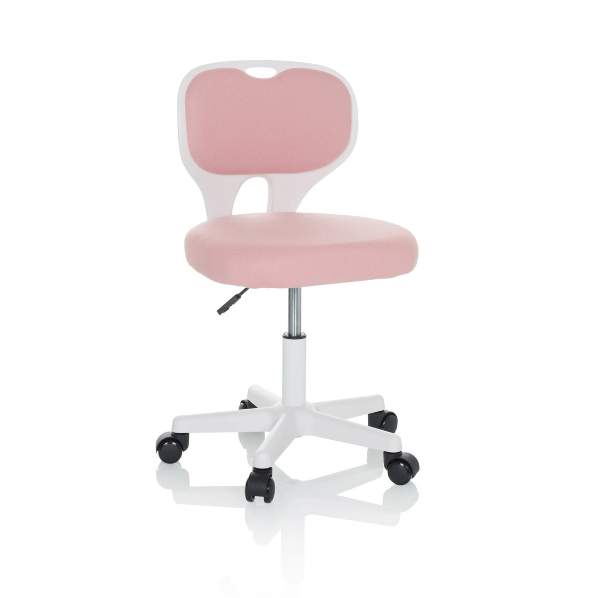 Pink Swivel Chair – Children KIDDY TOP W with white frame and five-caster base by hjh OFFICE – 360-degree view (front view 15°)
