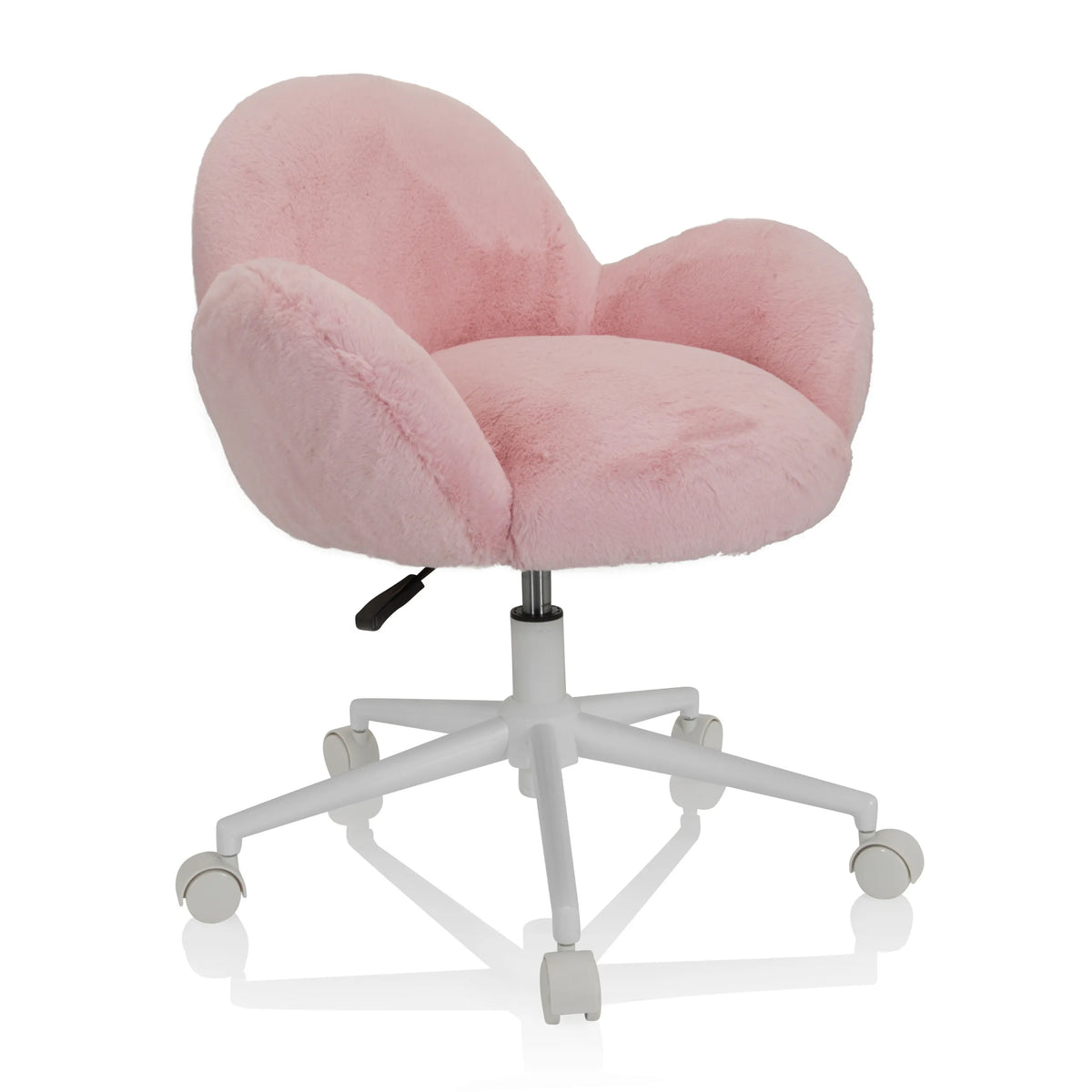 Pink Swivel Chair – Children KID TEDDY with fluffy cover and white five-caster base by hjh OFFICE – 360-degree view (front three-quarter view 40°)