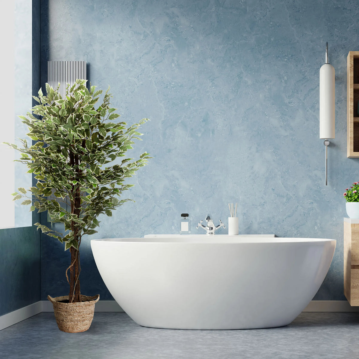 Artificial plant FICUS in green with a woven basket pot in front of a blue wall by hjh OFFICE