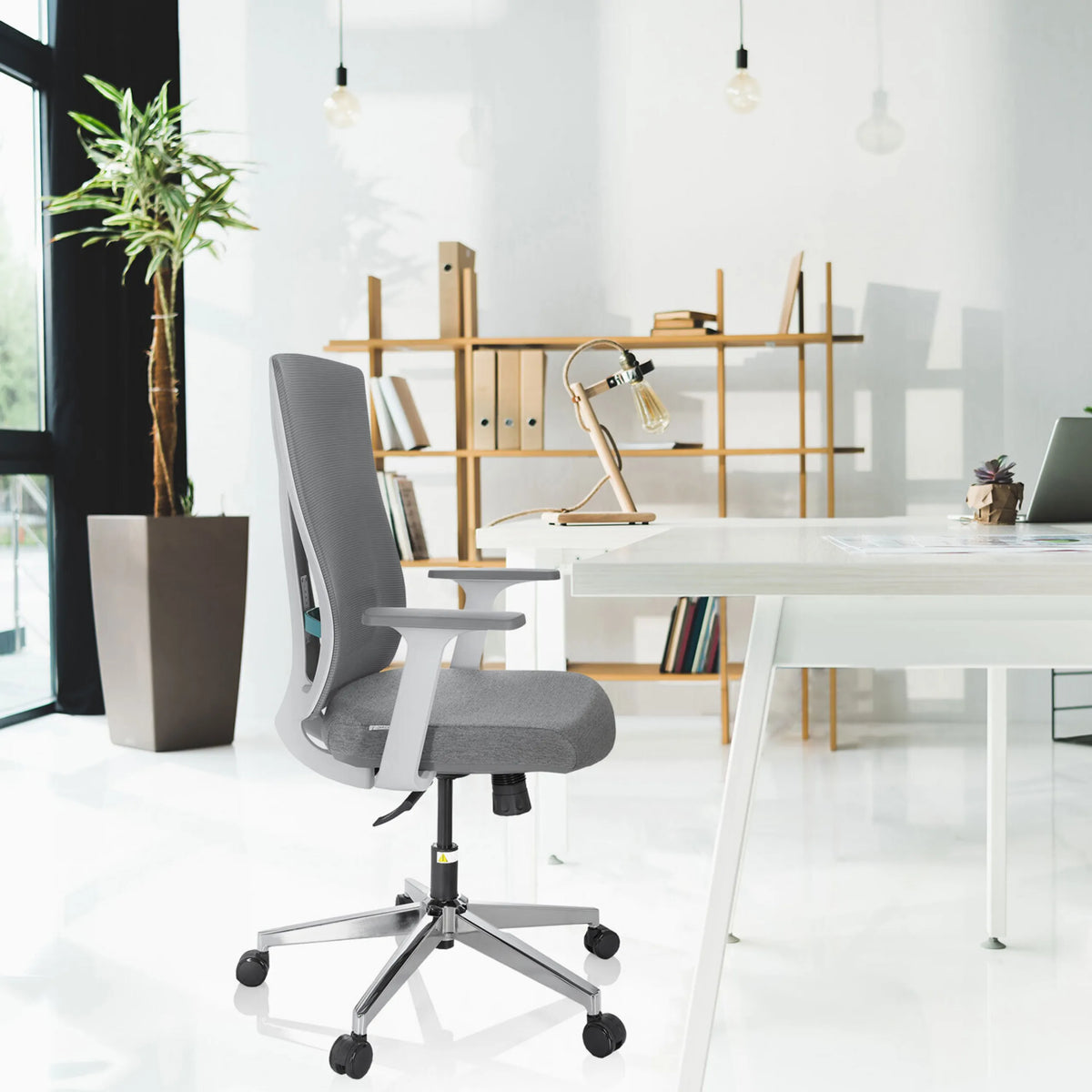Grey Professional Office Chair HALIFAX with mesh backrest and armrests at a white desk by hjh OFFICE