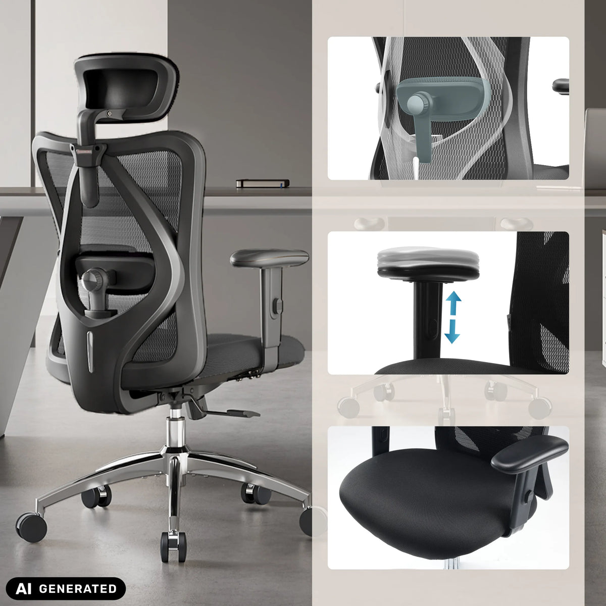 Height-adjustable armrest and mesh backrest of the M18-M148 Professional Office Chair in black by Sihoo (AI-generated image)