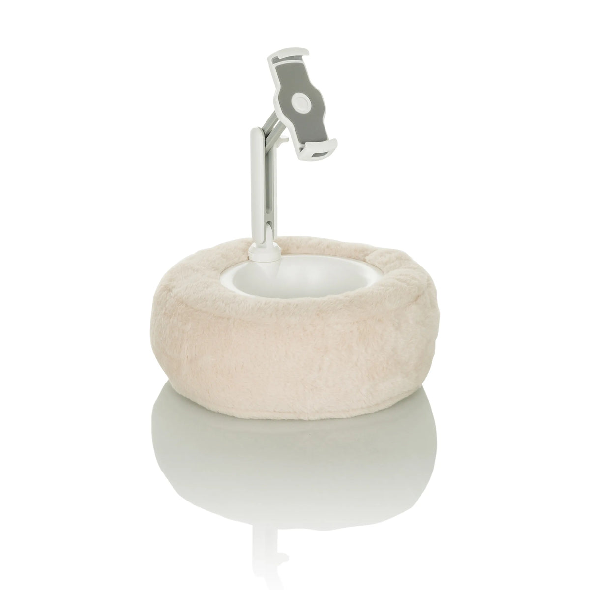 Beige Mobile phone & tablet holder COMFILAP II with plush ring cushion by hjh OFFICE – 360-degree view (side profile 72°)
