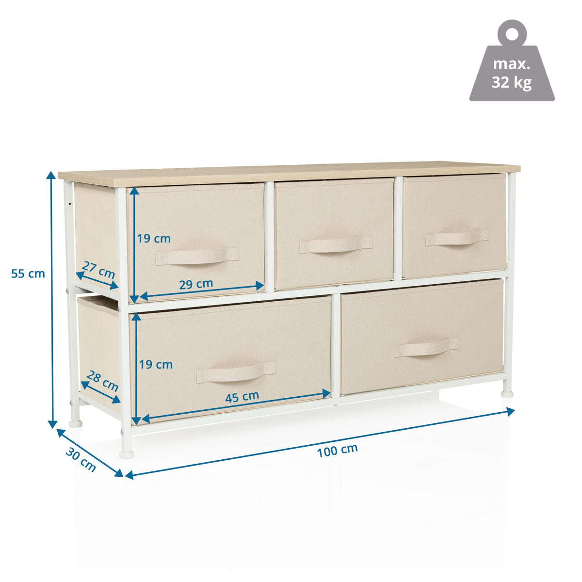 Dimensional drawing of the Chest of drawers FOLDAR with 100 × 30 cm and a maximum load of 32 kg by hjh LIVING