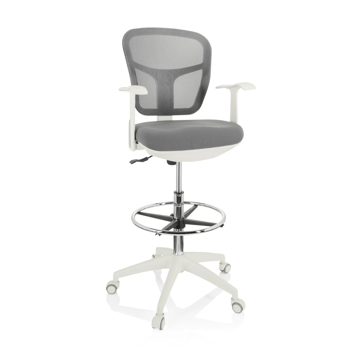 Grey TOP WORK 108 W counter chair with mesh back, footring and white five-caster base by hjh OFFICE – 360-degree view (front view 20°)