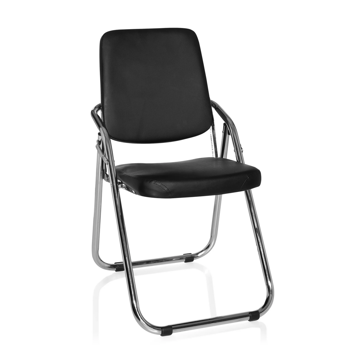 Black Folding chair ESTO with faux leather upholstery and chrome frame by hjh OFFICE – 360-degree view (front view 20°)