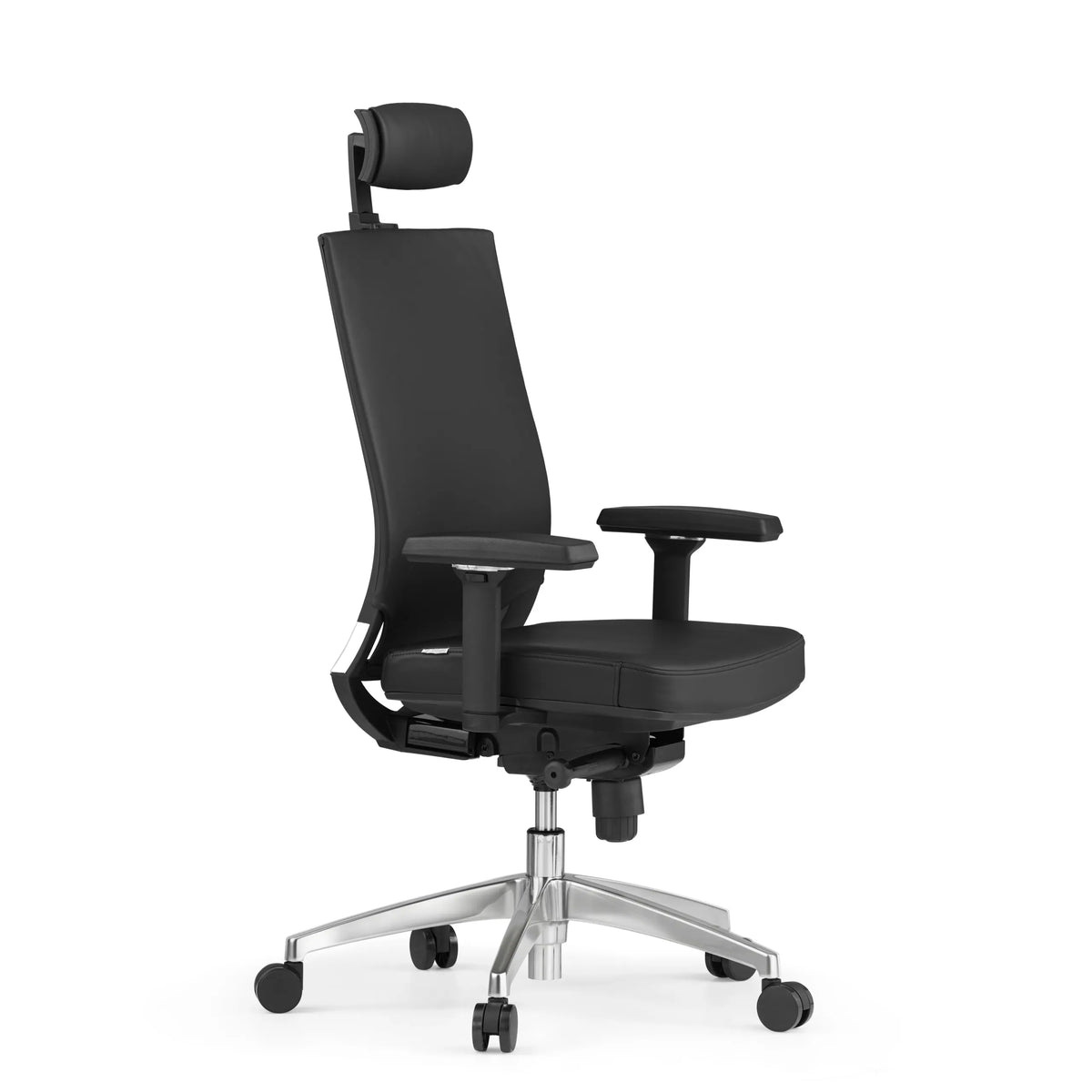 Black Professional Office Chair PORTO MAX HIGH made of leather with headrest and five-caster base by hjh OFFICE – 360-degree view (front three-quarter view 60°)
